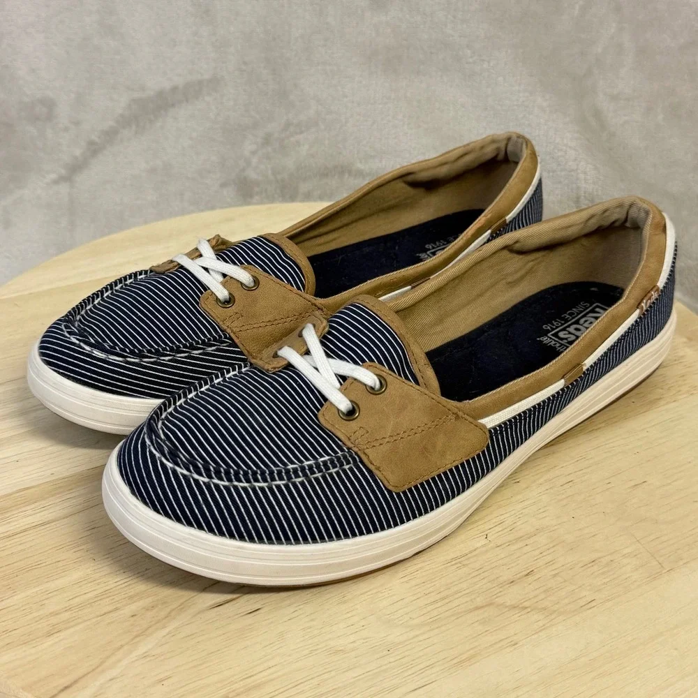 Keds Womens Ortholite Boat‎ Shoes Navy White Striped Loafers WF57107 Size 10